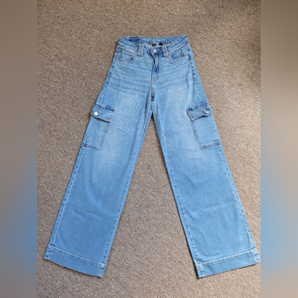American Eagle AE super high-rise baggy wide leg cargo jeans womens 2L 2 long